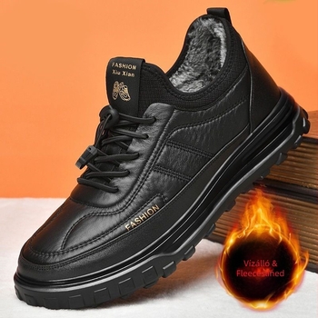 Férfi téli otthoni papucs, fleece betéttel, slip-on dizájn, mű PU felsőrész, vastag csúszásmentes talp