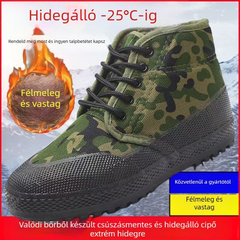 Hideg téli munkavédelmi csizmák, magas szárú (kamufláž minta, vászon felsőrész, gumi talp, melegen tartó, vastag kivitel)