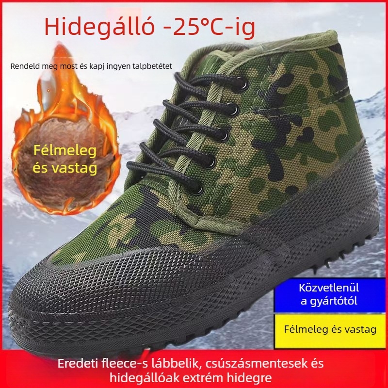 Hideg téli munkavédelmi csizmák, magas szárú (kamufláž minta, vászon felsőrész, gumi talp, melegen tartó, vastag kivitel)