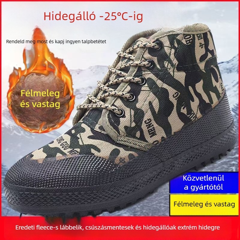 Hideg téli munkavédelmi csizmák, magas szárú (kamufláž minta, vászon felsőrész, gumi talp, melegen tartó, vastag kivitel)