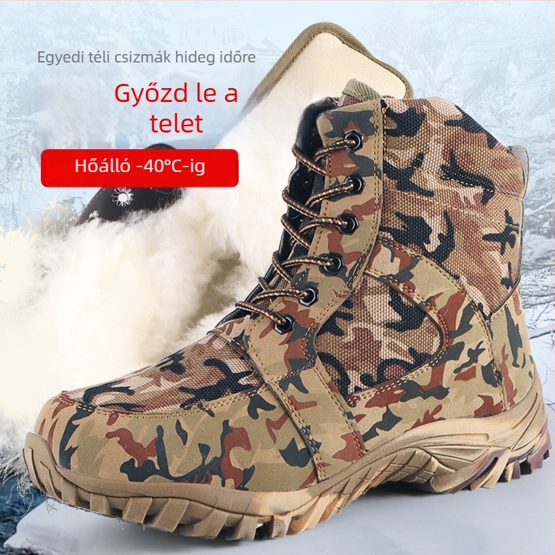 Férfiaknak szóló extra vastag téli hócipő fleece béléses, magas szárú, kamuflááz mintával, vízálló