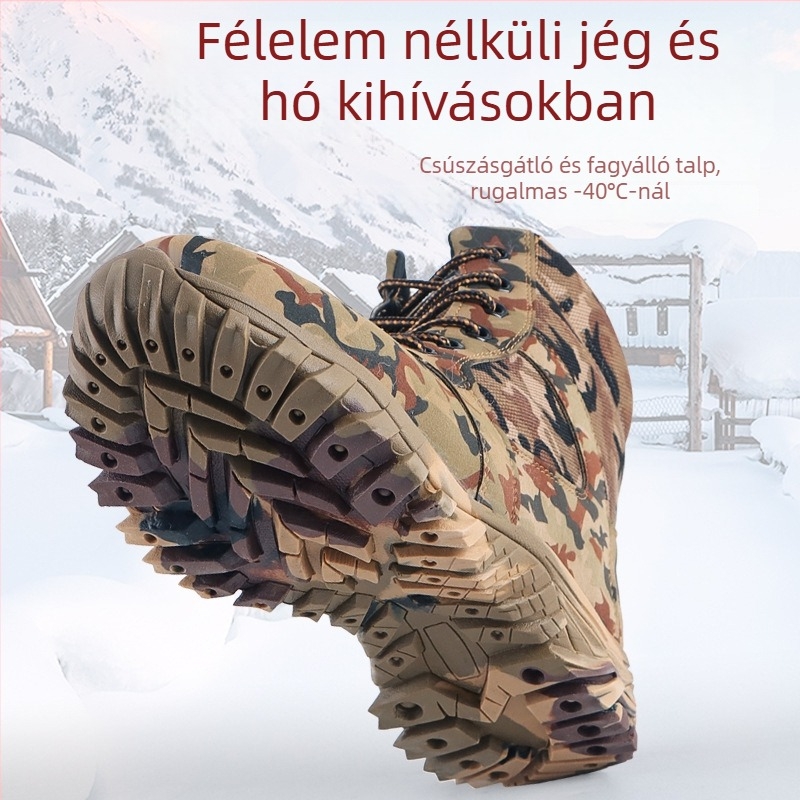 Férfiaknak szóló extra vastag téli hócipő fleece béléses, magas szárú, kamuflááz mintával, vízálló