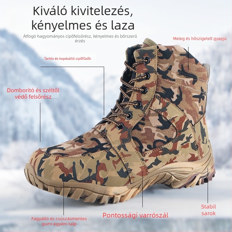 Férfiaknak szóló extra vastag téli hócipő fleece béléses, magas szárú, kamuflááz mintával, vízálló
