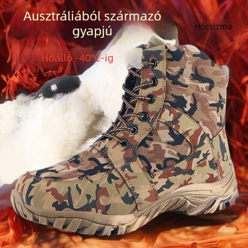 Férfiaknak szóló extra vastag téli hócipő fleece béléses, magas szárú, kamuflááz mintával, vízálló