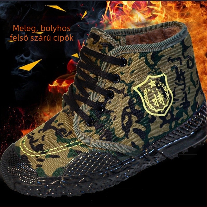 Téli magas szárú vászon munkacipő, uniszex, csúszásmentes, meleg, kopásálló, gumitalp