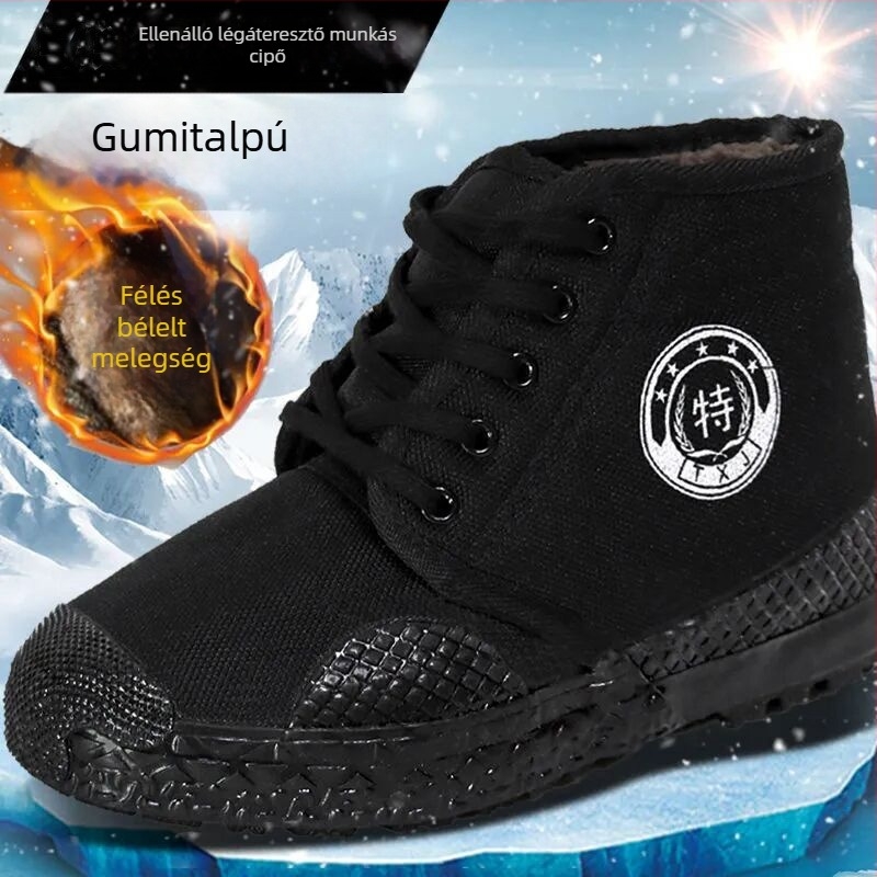 Téli magas szárú vászon munkacipő, uniszex, csúszásmentes, meleg, kopásálló, gumitalp