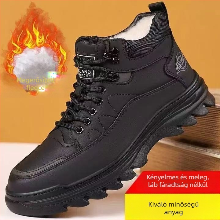 Téli férfi velúr magas talpú cipő fleece béléssel, vastag gumitalppal, fűzővel