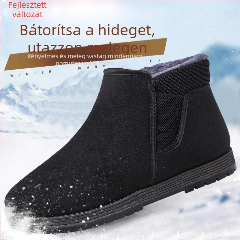 Férfi téli pamut-párnázott papucs, magas szárú, slip-on, PVC talppal