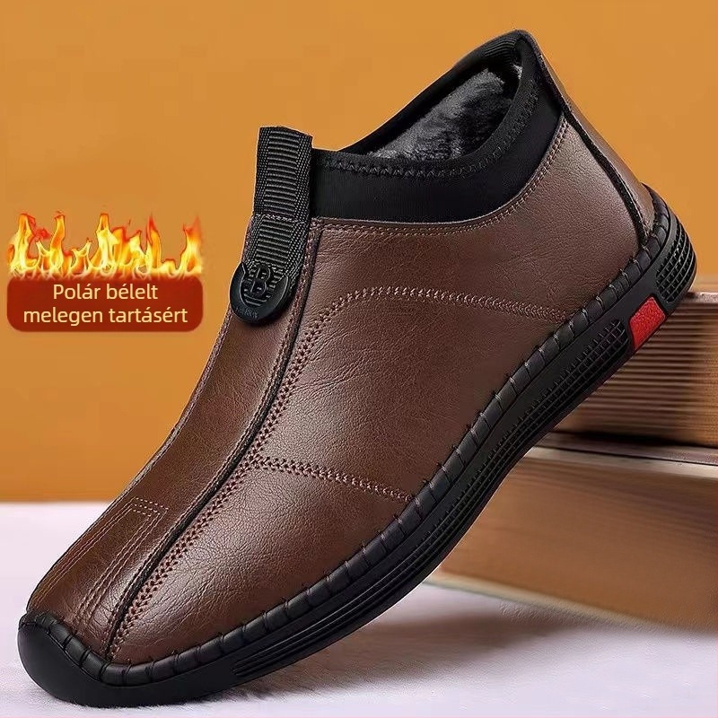 Férfi bőr papucs téli időjárásra, fleece béléssel, slip-on, gumitalp