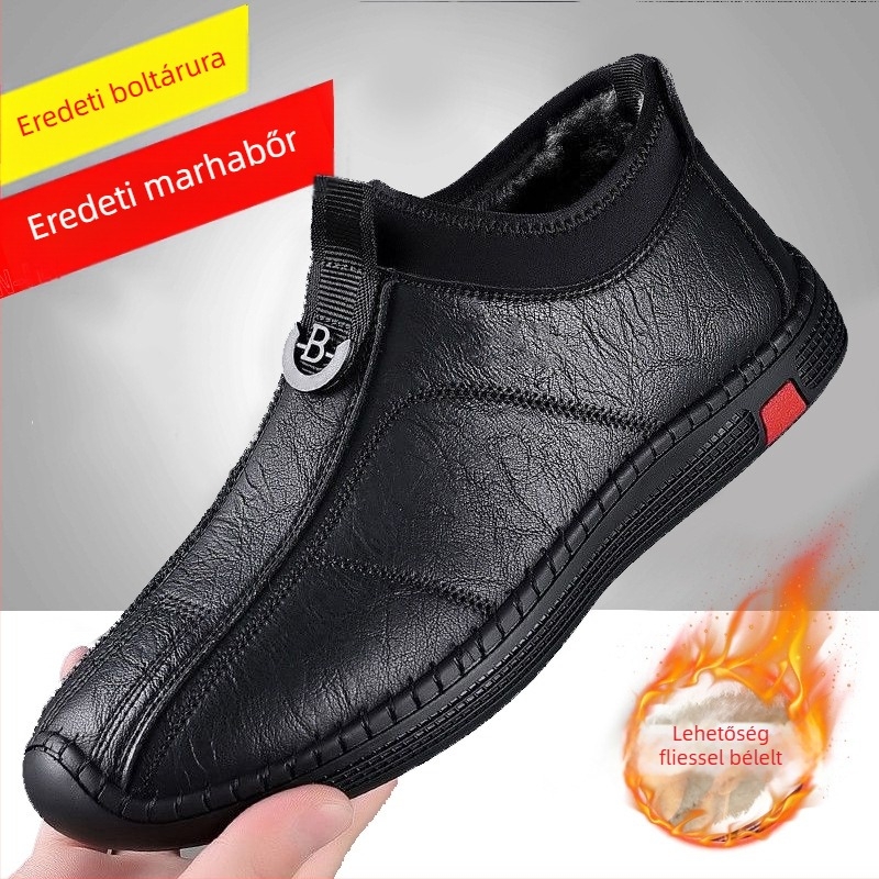 Férfi bőr papucs téli időjárásra, fleece béléssel, slip-on, gumitalp