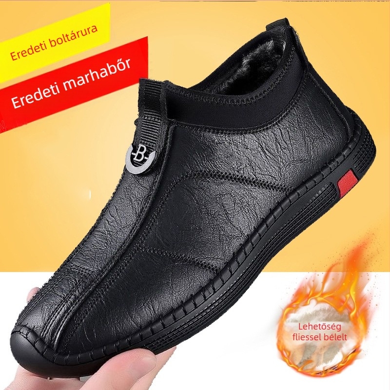 Férfi bőr papucs téli időjárásra, fleece béléssel, slip-on, gumitalp