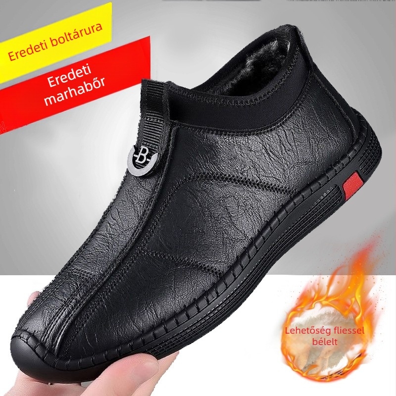 Férfi bőr papucs téli időjárásra, fleece béléssel, slip-on, gumitalp