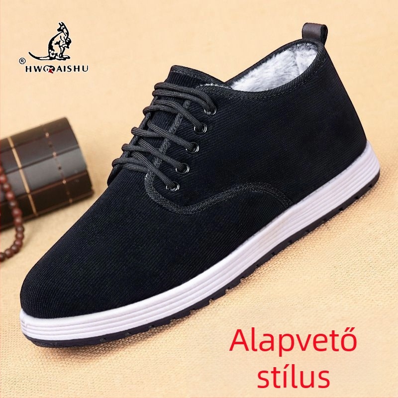 Téli meleg férfi pamut papucs, pekingi ősi mesterség, vastag bélés, lapos talpú, kényelmes