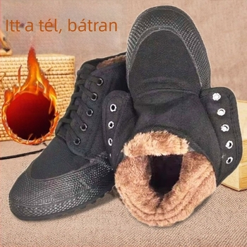 Férfi téli munkacipő fleece béléses, vízálló csúszásmentes gumitalp, vászon felsőrész, kamuflázs mintás magas szárú