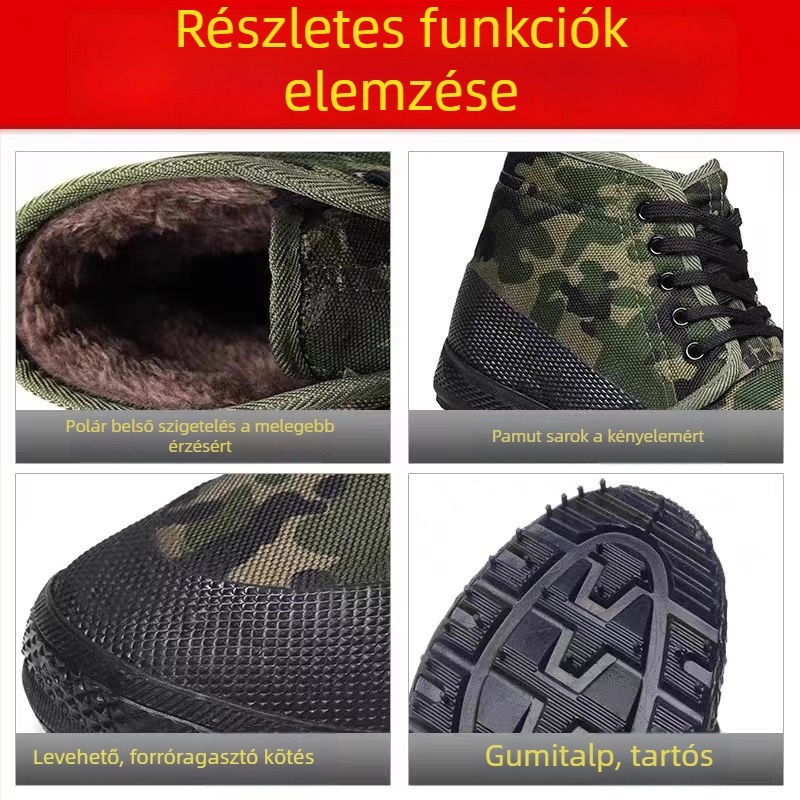 Férfi téli munkacipő fleece béléses, vízálló csúszásmentes gumitalp, vászon felsőrész, kamuflázs mintás magas szárú