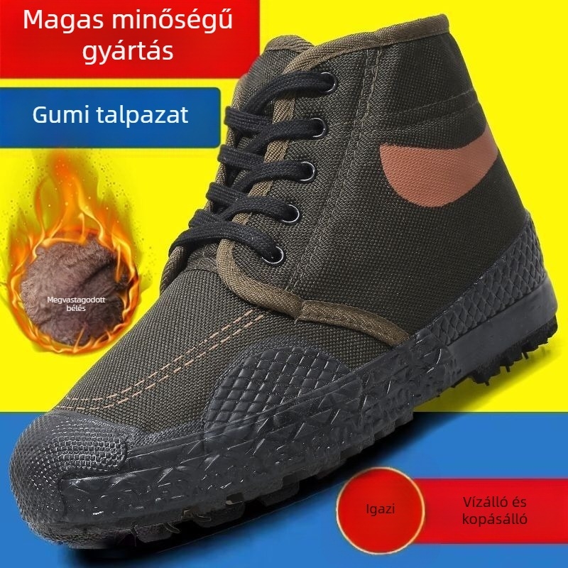 Férfi téli munkacipő fleece béléses, vízálló csúszásmentes gumitalp, vászon felsőrész, kamuflázs mintás magas szárú