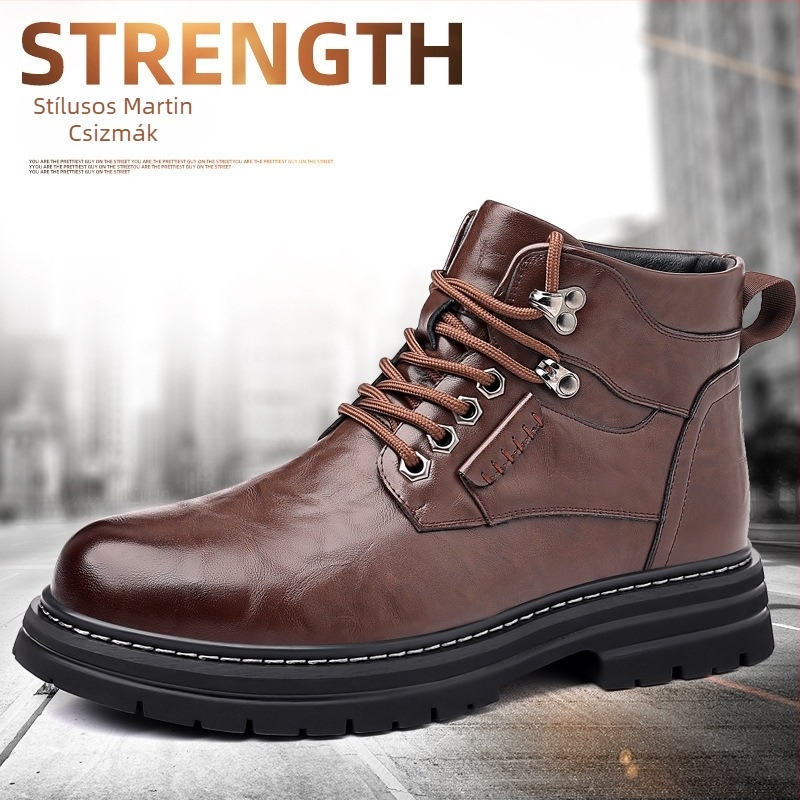 Férfi Martin Boots — magas szárú bőrből készült csizma, vastag gumitalppal, belső gyapjú-kasmir bélés, előre fűzővel záródó, vízálló és csúszásmentes, téli vintage stílus