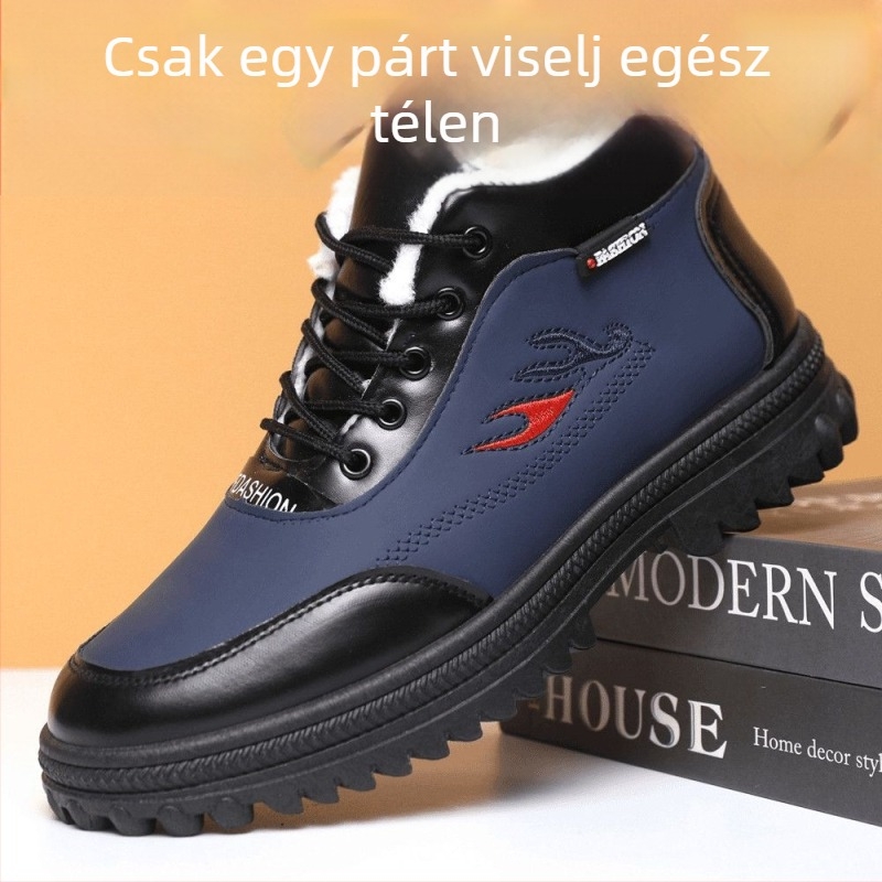 Férfi téli magas szárú csizma, PU felsőrész, belső műszőrme, EVA talpbetét, PVC vastag talp, vízálló