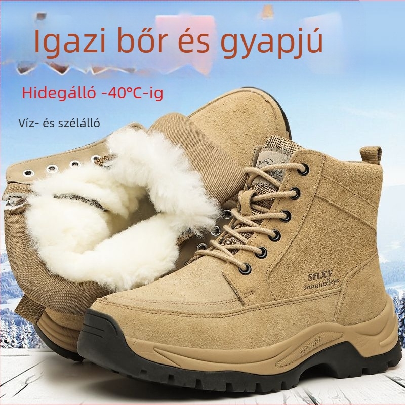 Férfi téli csizma hóhoz, csúszásmentes talp, gyapjú bélés, magas szárú, felső része tehén velúrból, gumírozott talp