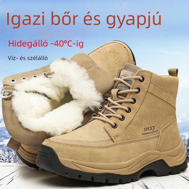 Férfi téli csizma hóhoz, csúszásmentes talp, gyapjú bélés, magas szárú, felső része tehén velúrból, gumírozott talp