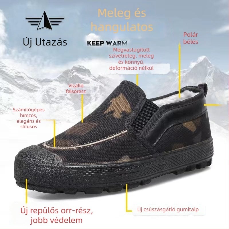 Uniszex téli slip-on cipő fleece béléssel, vízálló gumitalppal és csúszásmentes talppal