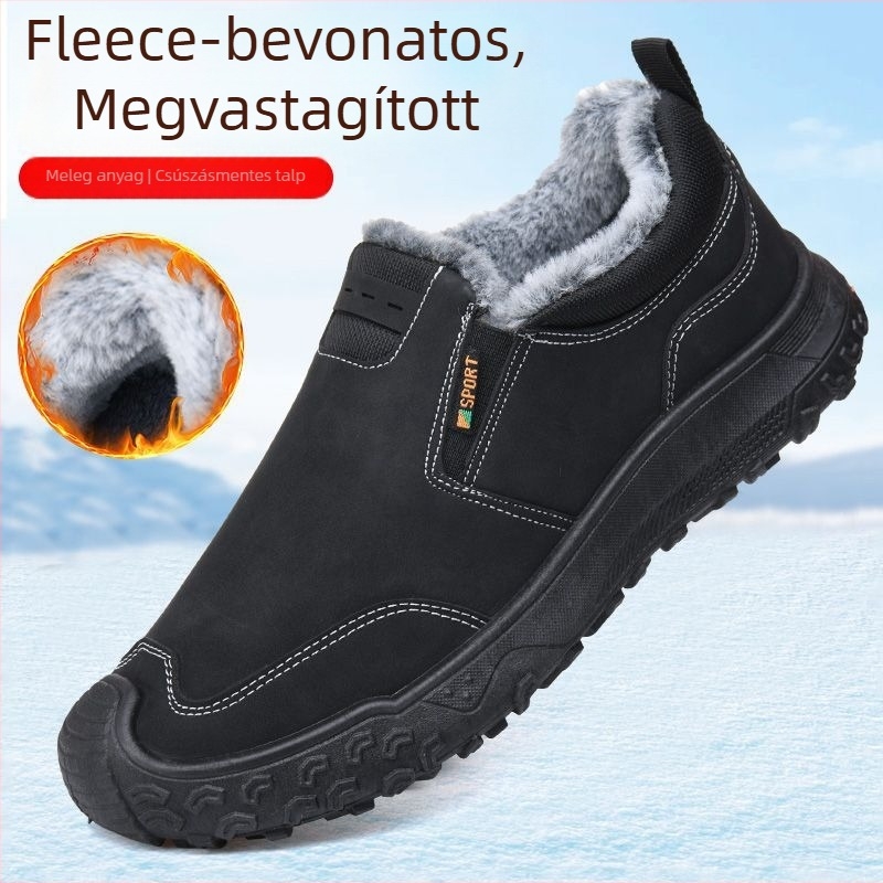 Téli férfi slip-on mindennapi munkacipő vastagított talppal, felső része szintetikus bőr, műanyag talp