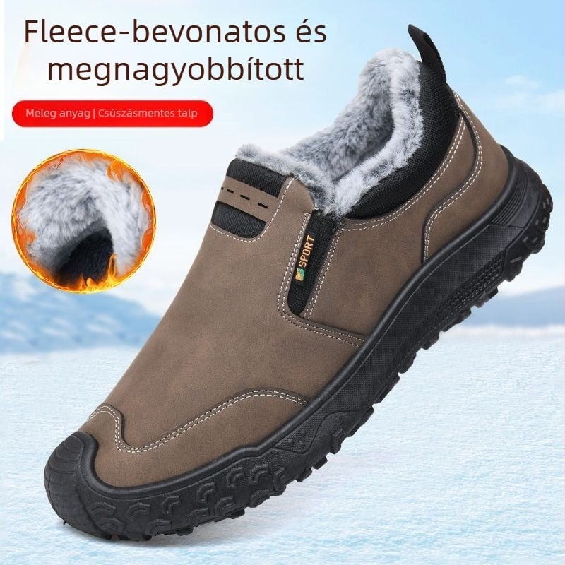 Téli férfi slip-on mindennapi munkacipő vastagított talppal, felső része szintetikus bőr, műanyag talp