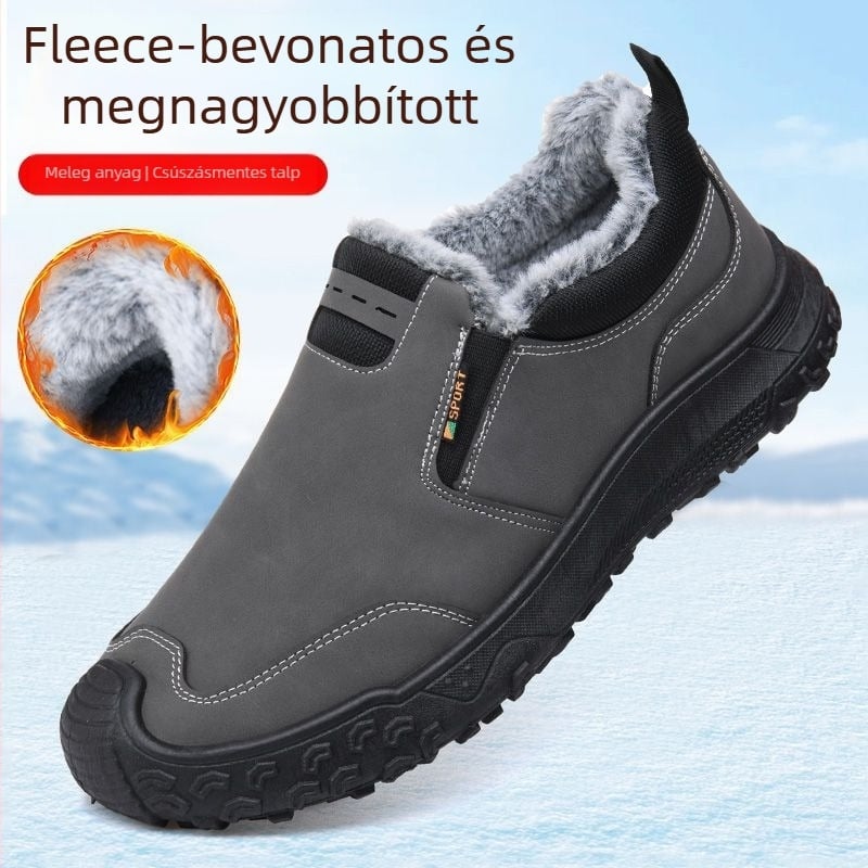 Téli férfi slip-on mindennapi munkacipő vastagított talppal, felső része szintetikus bőr, műanyag talp