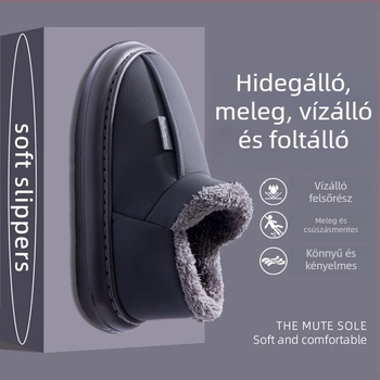 Férfi PU vízálló papucs fleece bélés, vastag meleg belső réteg, magas szárú téli bakancs beltéri és kültéri viselésre