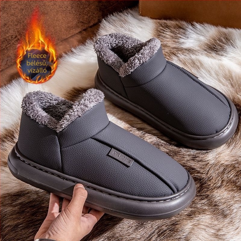 Férfi PU vízálló papucs fleece bélés, vastag meleg belső réteg, magas szárú téli bakancs beltéri és kültéri viselésre