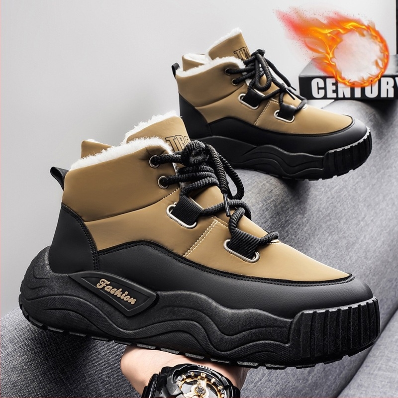 Férfi téli hócipő, bőr és vízálló felsőrész; csúszásmentes gumitalp; fleece bélés; alacsony sarok 1–3 cm