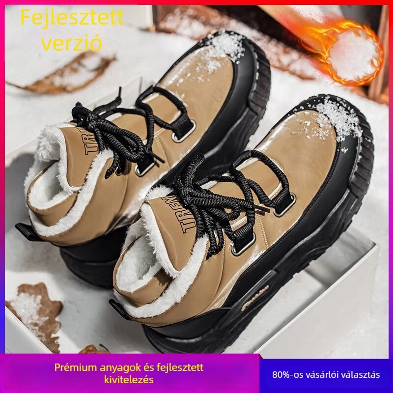 Férfi téli hócipő, bőr és vízálló felsőrész; csúszásmentes gumitalp; fleece bélés; alacsony sarok 1–3 cm