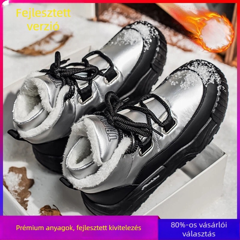 Férfi téli hócipő, bőr és vízálló felsőrész; csúszásmentes gumitalp; fleece bélés; alacsony sarok 1–3 cm