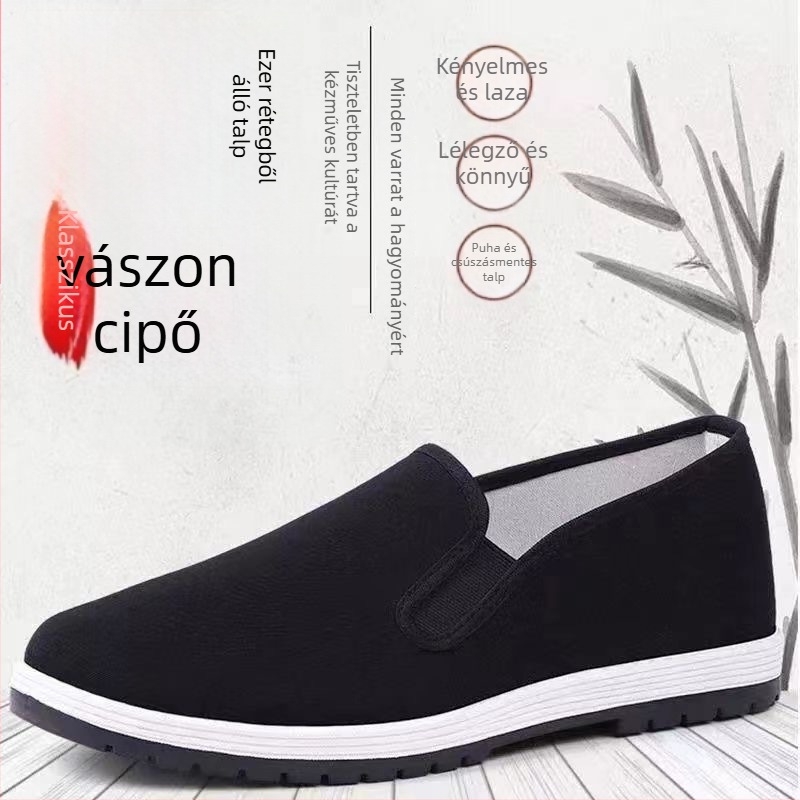 Férfi vászon cipő, kerek orrú, alacsony felső rész, 1–3 cm sarkú, gumitalp