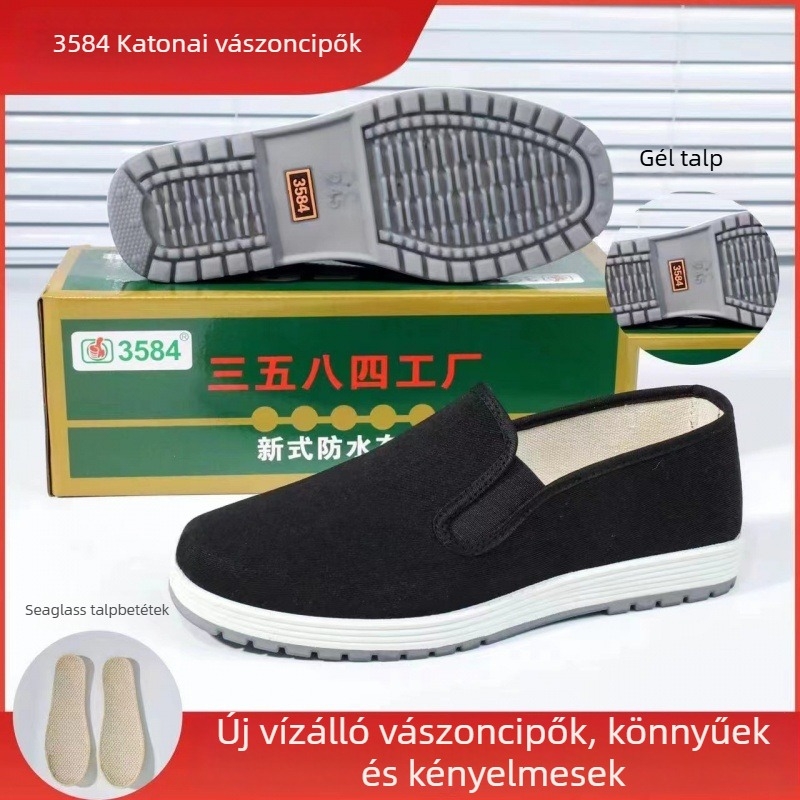 Férfi vászon cipő, lélegző, könnyű, slip-on elasztikus pánttal, gumírozott talppal, belső pamut bélés, textil belső talp