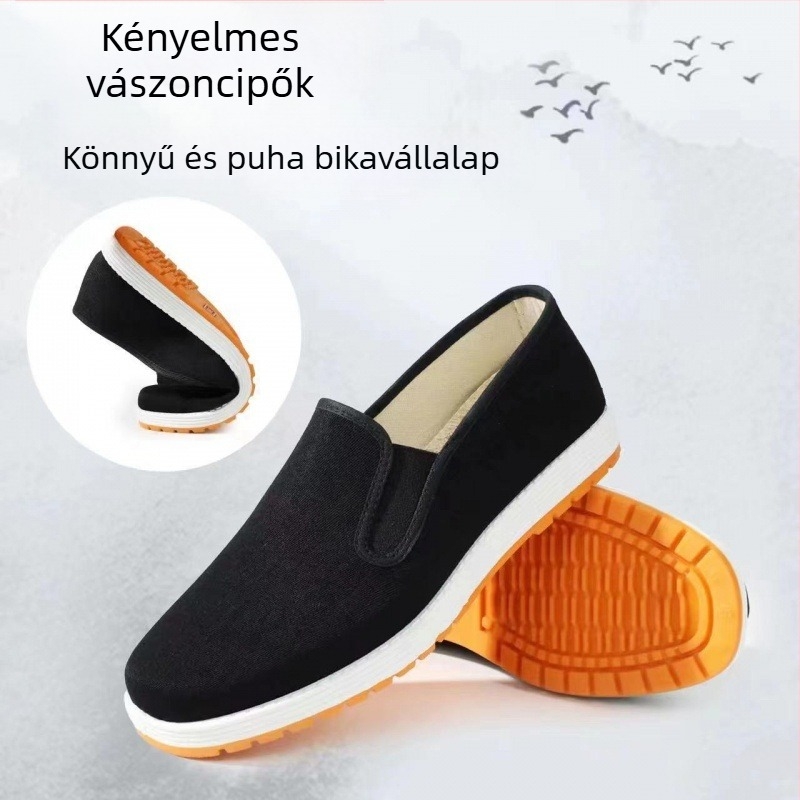 Férfi vászon cipő, lélegző, könnyű, slip-on elasztikus pánttal, gumírozott talppal, belső pamut bélés, textil belső talp