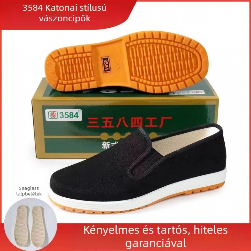 Férfi vászon cipő, lélegző, könnyű, slip-on elasztikus pánttal, gumírozott talppal, belső pamut bélés, textil belső talp