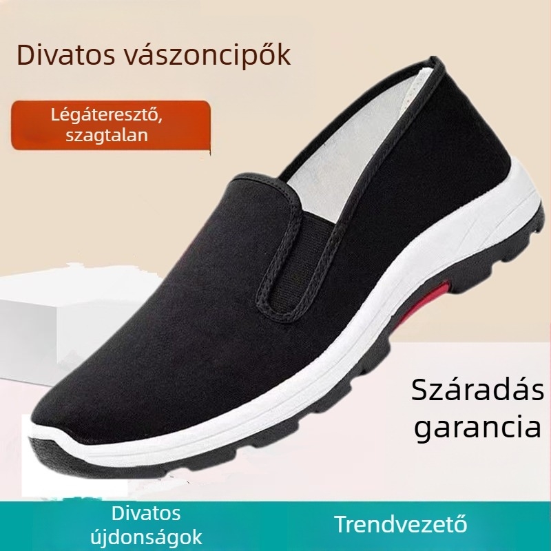Férfi hegymászó cipő slip-on stílusban — vászon felsőrész, injektált talp, textil talptalp, alacsony sarok 1–3 cm