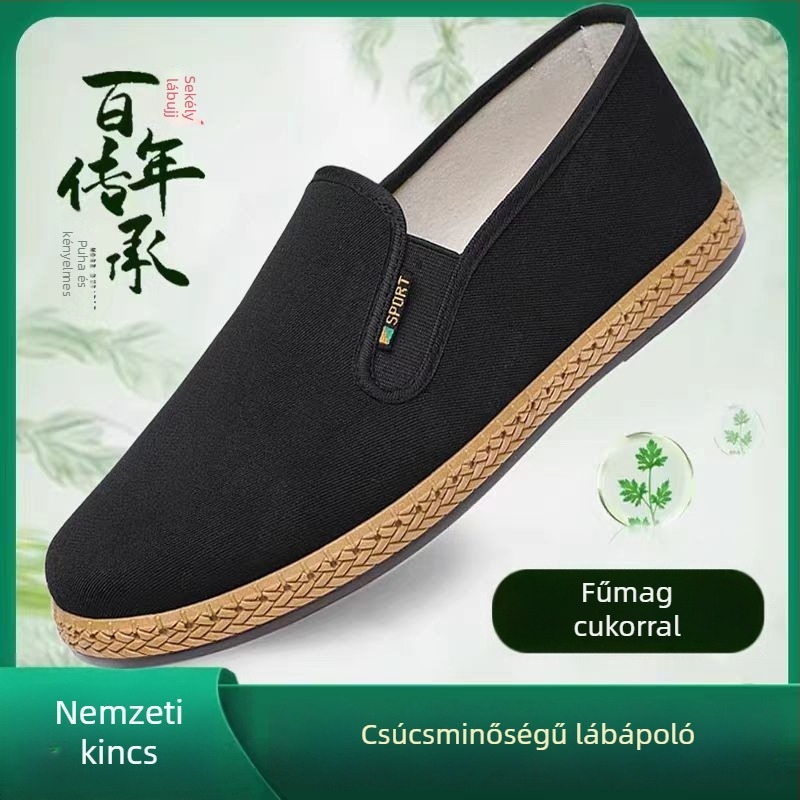 Férfi vászoncipő kerek orrú, alacsony felső rész, elasztikus zárás, textil belső talp, gumírozott talp