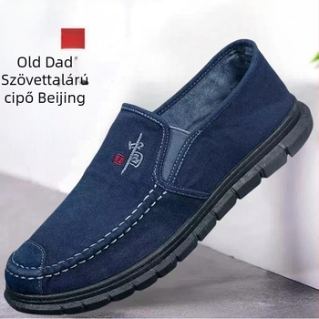 Férfi vászon slip-on cipő, kerek orr, alacsony felső rész, elasztikus szalag, gumírozott talp