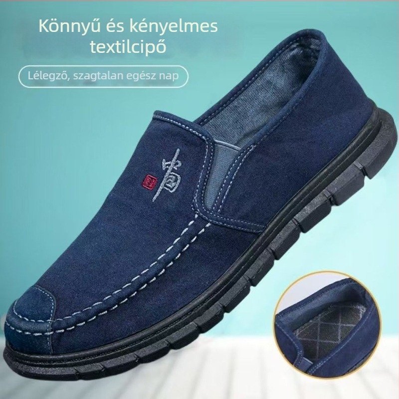 Férfi vászon slip-on cipő, kerek orr, alacsony felső rész, elasztikus szalag, gumírozott talp