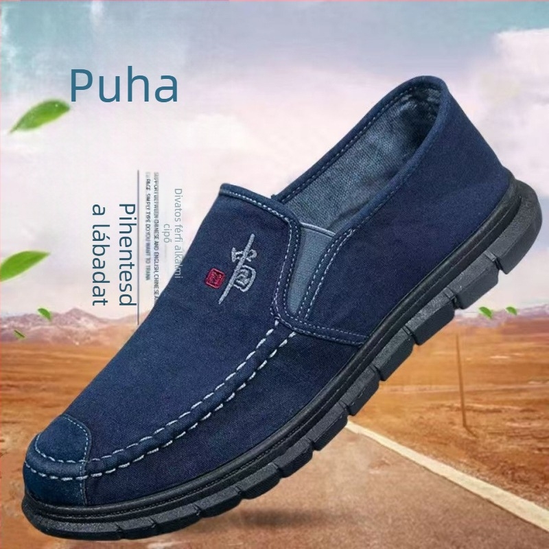 Férfi vászon slip-on cipő, kerek orr, alacsony felső rész, elasztikus szalag, gumírozott talp