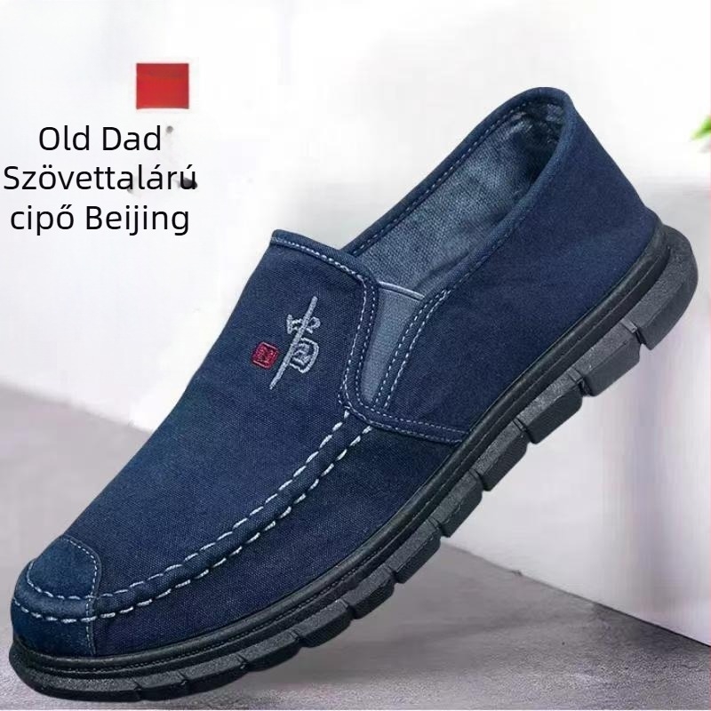Férfi vászon slip-on cipő, kerek orr, alacsony felső rész, elasztikus szalag, gumírozott talp