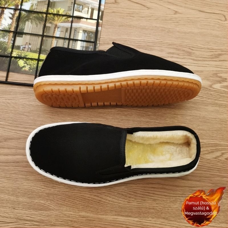 Férfi vászon téli cipő fleece béléssel, alacsony felsőrésszel, kerek orrú, talpa tehén ín