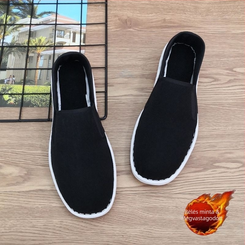 Férfi vászon téli cipő fleece béléssel, alacsony felsőrésszel, kerek orrú, talpa tehén ín