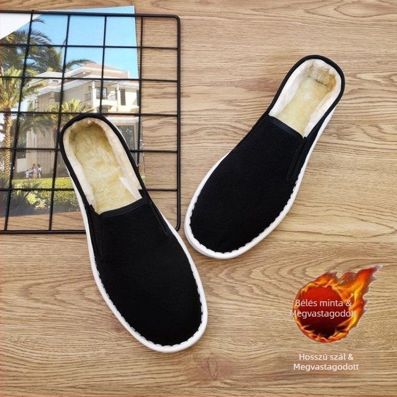 Férfi vászon téli cipő fleece béléssel, alacsony felsőrésszel, kerek orrú, talpa tehén ín