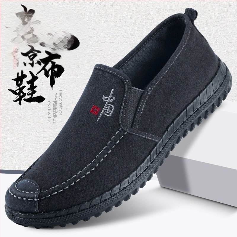 Férfiak számára készült lélegző pamut vászon cipő, Slip-On, casual, kerek orrú, alacsony felső rész, injektált műanyag talp