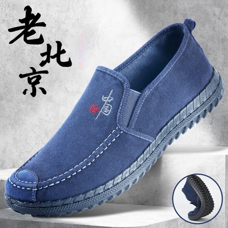 Férfiak számára készült lélegző pamut vászon cipő, Slip-On, casual, kerek orrú, alacsony felső rész, injektált műanyag talp