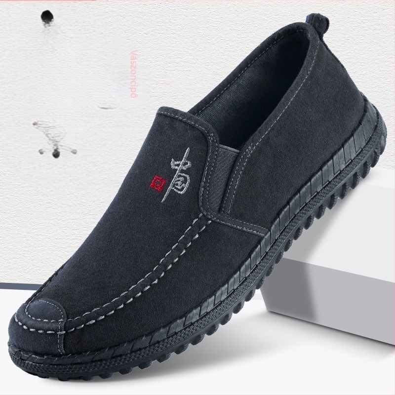 Férfiak számára készült lélegző pamut vászon cipő, Slip-On, casual, kerek orrú, alacsony felső rész, injektált műanyag talp