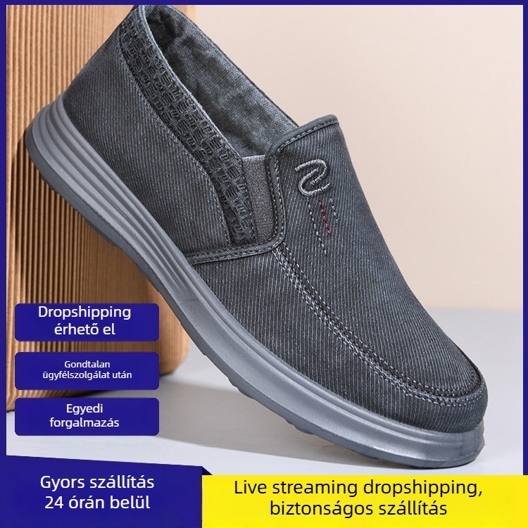 Férfi slip-on vászoncipő, légáteresztő, mindennapi, elasztikus pánttal, kerek orr, PU talp